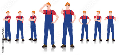 Set of Male Construction Workers in Safety Gear Displaying Various Poses and Gestures. Vector Flat Style Illustration Set Isolated On White