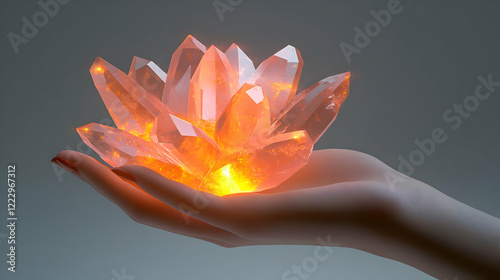 Glowing crystal held, studio, calm background, healing photo