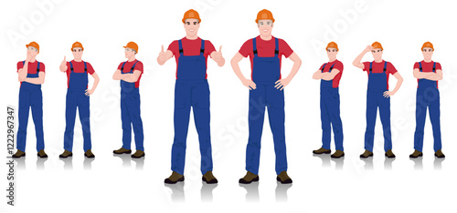 Set of Male Construction Workers in Safety Gear Displaying Various Poses and Gestures. Vector Flat Style Illustration Set Isolated On White