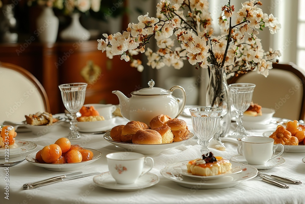 Elegant tea party setting with pastries fruit and delicate floral arrangement Elegant tea party setting with pastries fruit and delicate floral arrangement