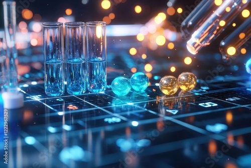 chemical elements on a periodic table, surrounded by laboratory tools and vibrant liquids