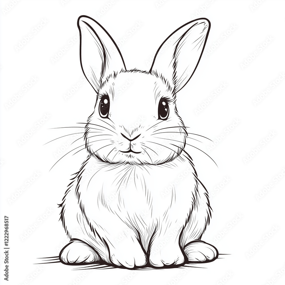 Fototapeta premium Simple line drawing of a French Lop full body on a white background,
