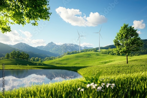 Creative depiction of energy transformations in nature, showcasing sunlight, wind, and water power
