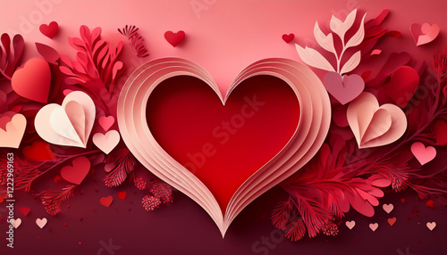 arrière-plan coeur de Saint Valentin, sur fond rouge en pliage origami