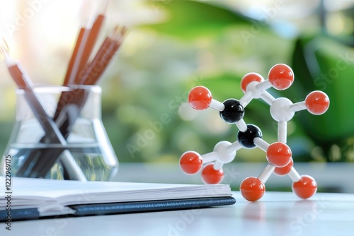 Molecular structure illustration in a research setting, with 3D models and scientific notes on a desk