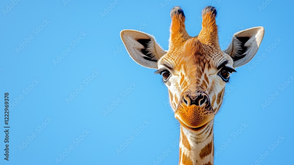 Fototapeta premium Young Giraffe Portrait Against Clear Blue Sky