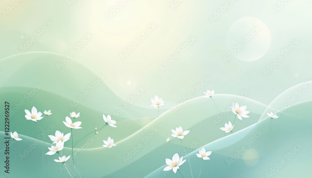 This serene image features a soft, pastel green backdrop with gentle, flowing lines reminiscent of hills or water This serene image features a soft, pastel green backdrop with gentle, flowing lines reminiscent of hills or water