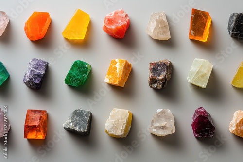 colorful mineral specimens arranged artistically on a neutral backdrop, highlighting geological diversity for educational purposes