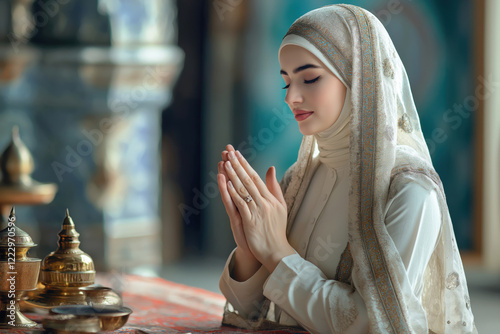 Young Muslim woman making dua. Celebrating the end of Muslim fasting. Advertising banner for the holy holiday of Ramadan. photo