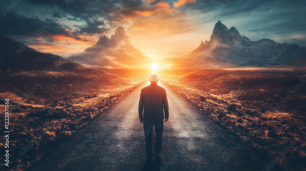 Fototapeta premium Man walks sunset road, mountainscape backdrop
