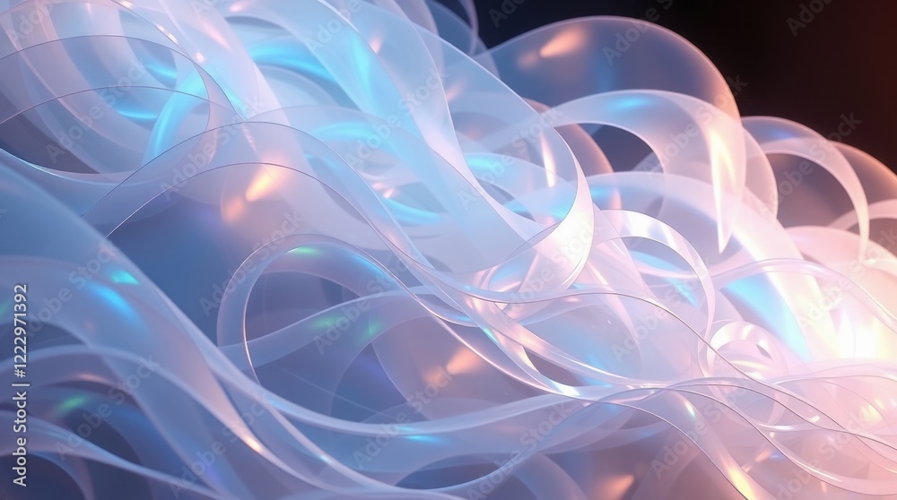 Fototapeta premium Artistic display of translucent ribbons flowing gently with hues of blue and pink in a mesmerizing abstract composition