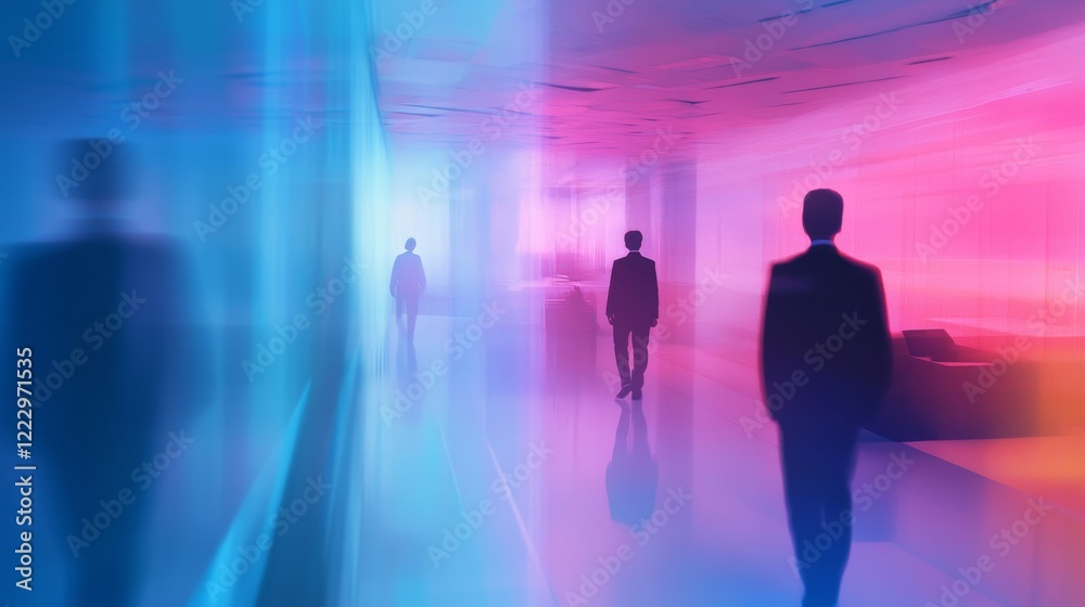 Mysterious silhouettes meander through a vibrant corridor bathed in shades of blue and pink light, crafting an enchanting and abstract ambiance within a contemporary space filled with artistic flair Mysterious silhouettes meander through a vibrant corridor bathed in shades of blue and pink light, crafting an enchanting and abstract ambiance within a contemporary space filled with artistic flair