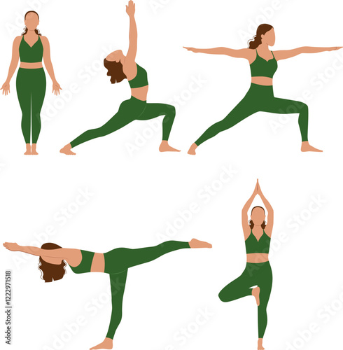 Vector illustration. People practicing yoga, set of poses. characters for books, flexibility exercises. Sports figures, training, health, fitness