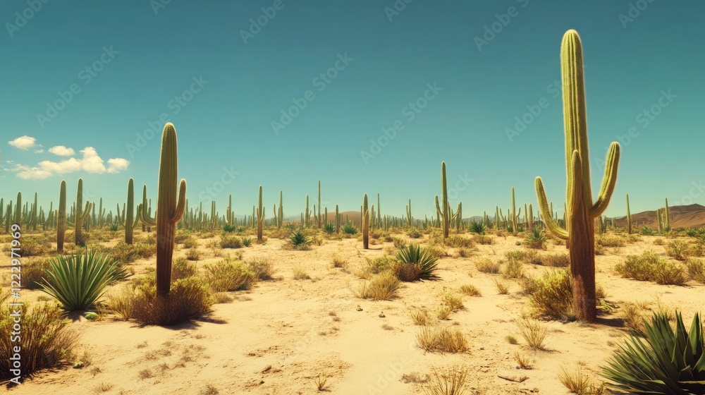 Vast desert landscape featuring numerous saguaro cacti under a clear blue sky Vast desert landscape featuring numerous saguaro cacti under a clear blue sky