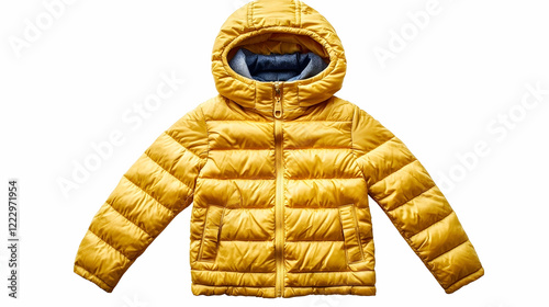 Child's yellow puffer jacket, winter wear, isolated background, studio shot, apparel catalog photo