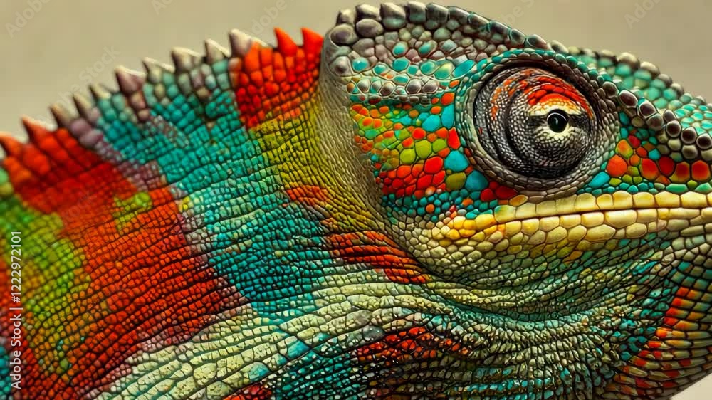Extreme close-up colorful chameleon detailed skin texture reptile eye