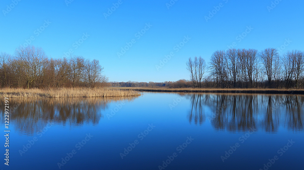 Serene lake landscape reflecting trees and clear blue sky, showcasing nature's tranquility