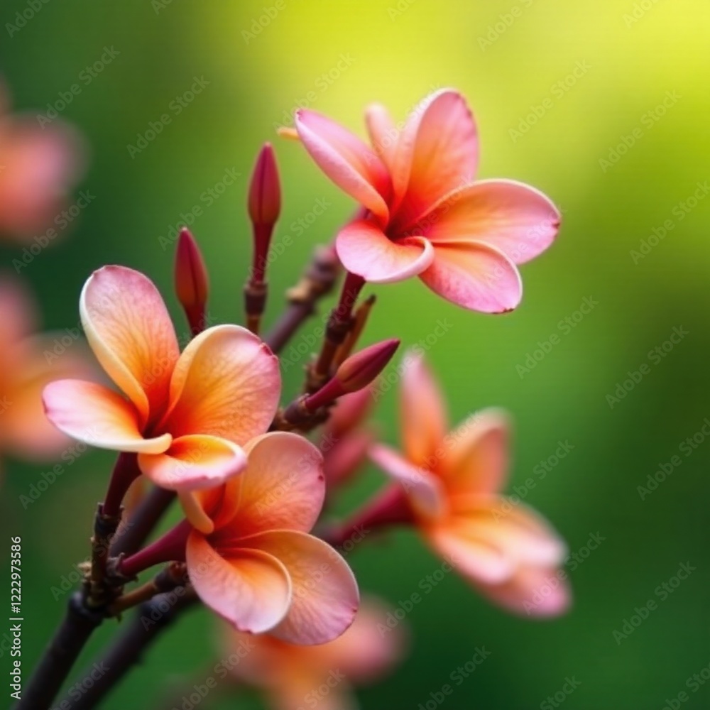Fototapeta premium colorful frangipani flowers on a long thin stem, stems, garden, spring