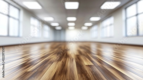 Wooden flooring shines in a spacious, bright interior with natural light streaming through large windows showcasing a clean, modern design perfect for various activities