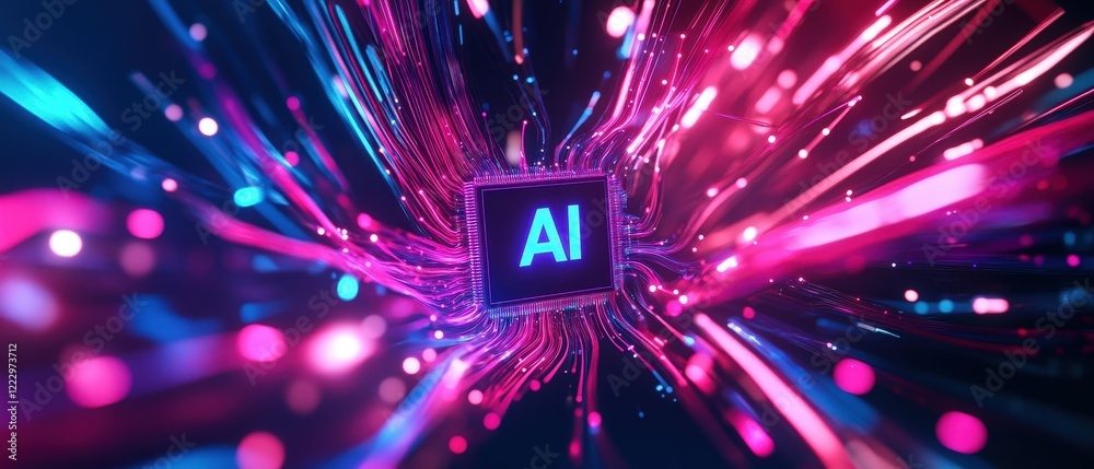 Obraz premium AI, futuristic technology with vibrant digital particles and circuit board elements, representing innovation, computing, and advancements in artificial intelligence.