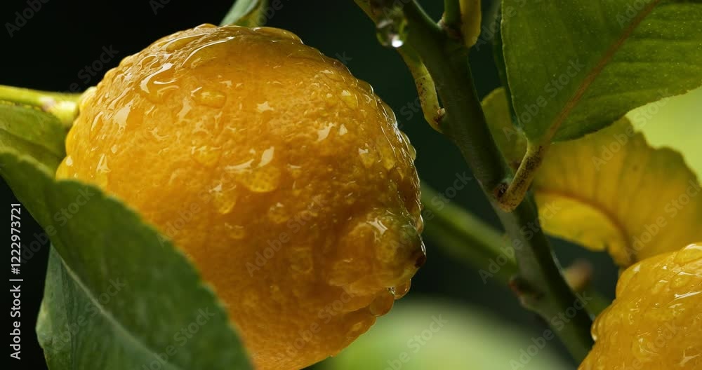 Rain on Lemon fruits on tree, Southern France, Occitania, France