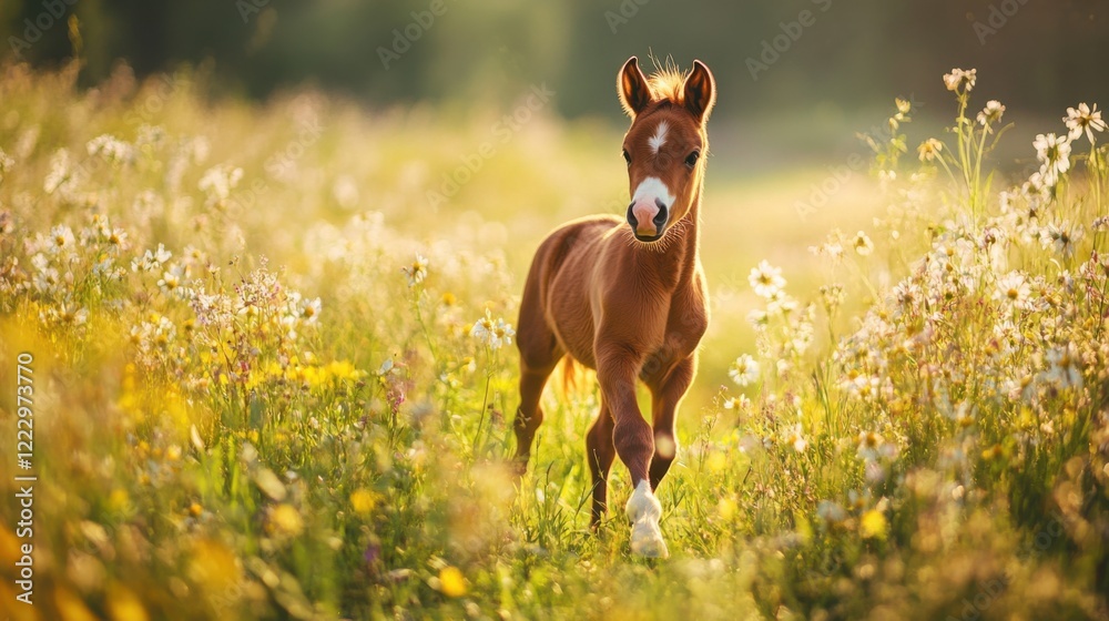 Baby Horse Exploring Sunny Meadow with Blooming Wildflowers and Tall Grass: Bright Natural Light and Serene Rural Environment Highlighting the Beauty of a Foal in Its Natural Habitat Baby Horse Exploring Sunny Meadow with Blooming Wildflowers and Tall Grass: Bright Natural Light and Serene Rural Environment Highlighting the Beauty of a Foal in Its Natural Habitat