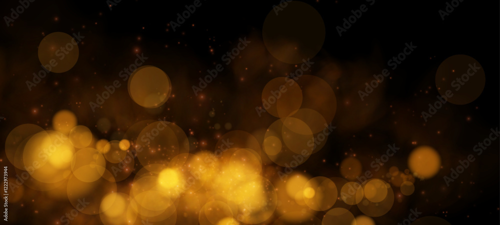 Fototapeta premium A dreamy golden bokeh effect with glowing orbs and soft sparkles on a dark background, evoking elegance and warmth.