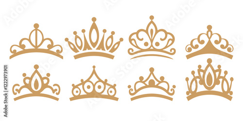 Princess tiara crown. Collection of elegant fairytale silhouettes. Royal elegant set.