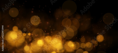 A dreamy golden bokeh effect with glowing orbs and soft sparkles on a dark background, evoking elegance and warmth.