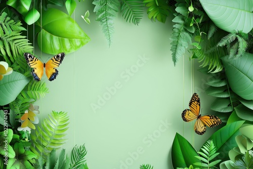 Lush green ecosystem featuring wildlife and plants thriving together, symbolizing sustainability, neutral background
