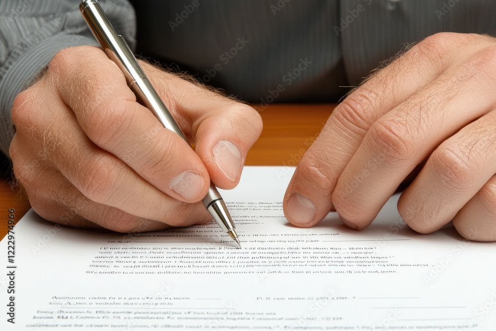 hands signing a contract on a desk surrounded by business reports and a pen, neutral background hands signing a contract on a desk surrounded by business reports and a pen, neutral background