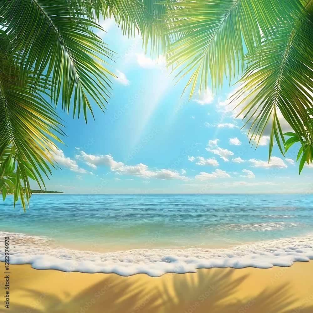 Fototapeta premium Palm Tree Canopy Over a Tranquil Beach at Sunrise 