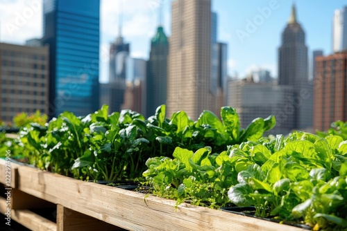 Urban rooftop garden showcasing innovative sustainable farming techniques, with city skyline blurred in background