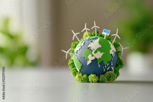 Conceptual image of a globe surrounded by renewable energy icons, representing global environmental awareness, neutral background