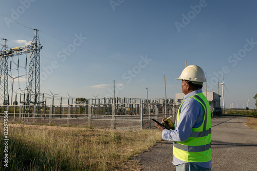 Wallpaper Mural Senior male engineer using computer tablet standing in electrical substation. Generators for sustainable electrical energy production, wind turbines, renewable energy plant Torontodigital.ca