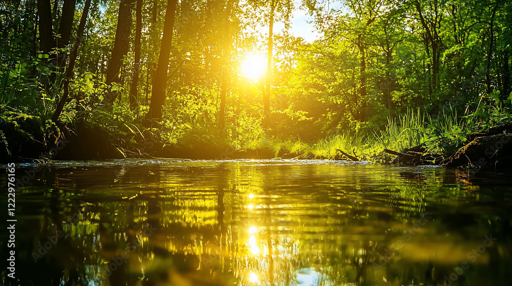Obraz premium Serene riverside scene at sunrise, with sunlight filtering through lush trees and reflecting on water