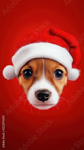 A cute dog wearing a Santa hat against a red background, perfect for holiday themes. photo