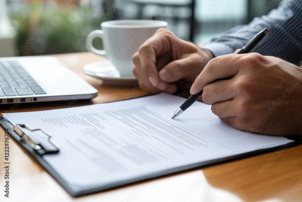 close-up of hands reviewing business documents with a laptop and coffee cup on a wooden table close-up of hands reviewing business documents with a laptop and coffee cup on a wooden table
