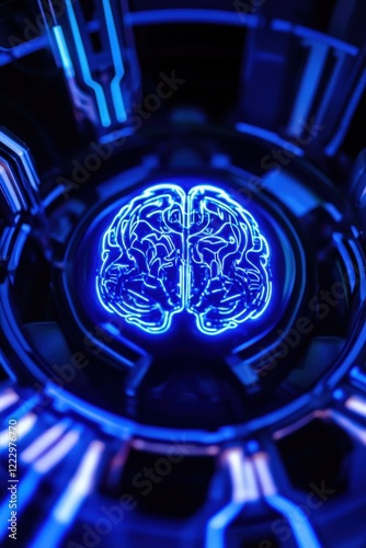 Brain, digital visualization in neon blue for technologies related to artificial intelligence, neuroscience, and cognitive science research. Futuristic concepts in innovation. photo