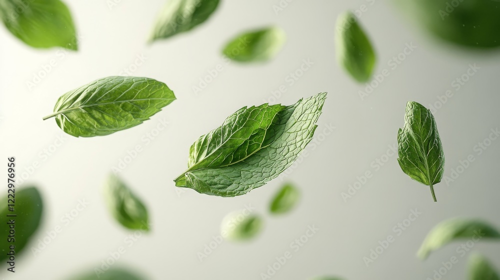 A close-up of vibrant green mint leaves suspended in mid-air, creating a fresh, natural, and organic feel against a soft background.