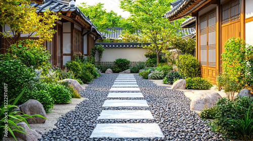 Picturesque Korean Garden: Stone Path, Traditional Architecture, Zen Garden Design
