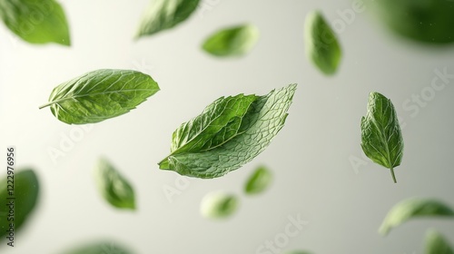 Obraz na płótnie A close-up of vibrant green mint leaves suspended in mid-air, creating a fresh, natural, and organic feel against a soft background. w salonie