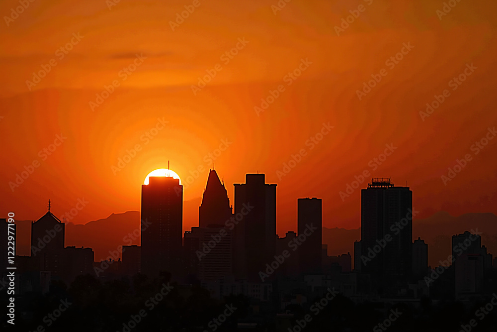 City skyline at sunset with glowing skyscraper reflections