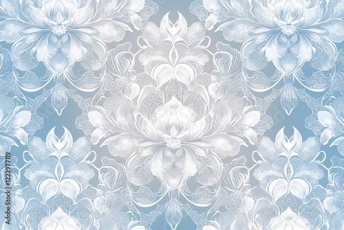 Intricate floral pattern in soft blue tones, showcasing delicate designs, ideal for backgrounds