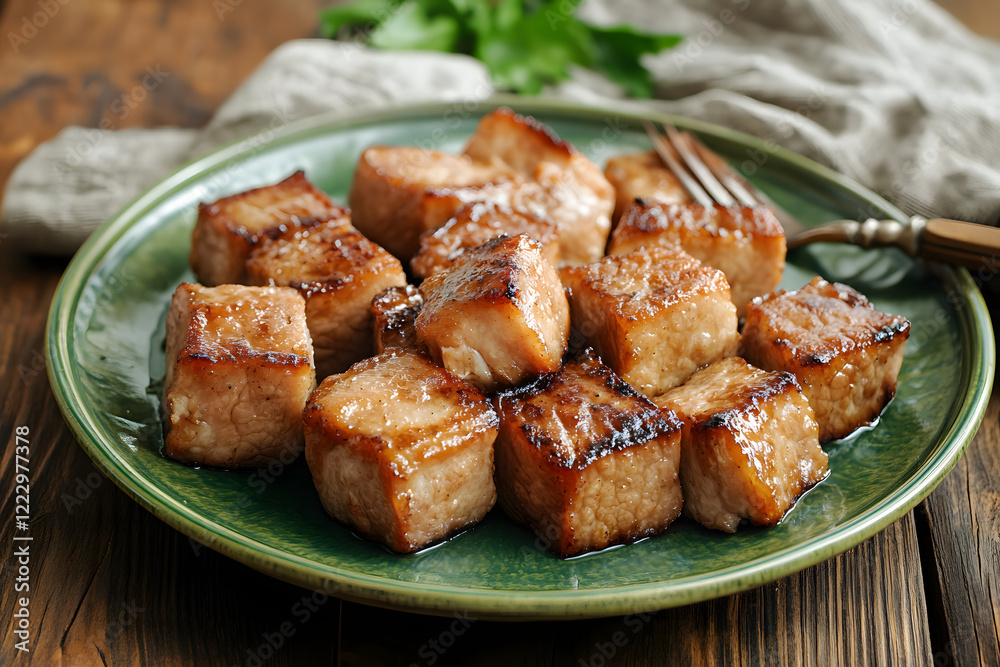 Honey-Glazed Barbecue Pork Belly Burnt Ends on Green Plate Honey-Glazed Barbecue Pork Belly Burnt Ends on Green Plate