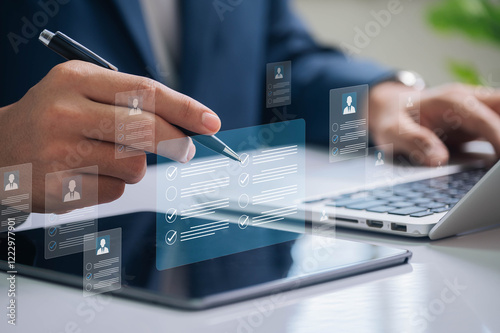 Photography HR selective recruitment process featuring a professional analyzing candidate profiles with advanced digital tools to ensure efficient hiring and career development