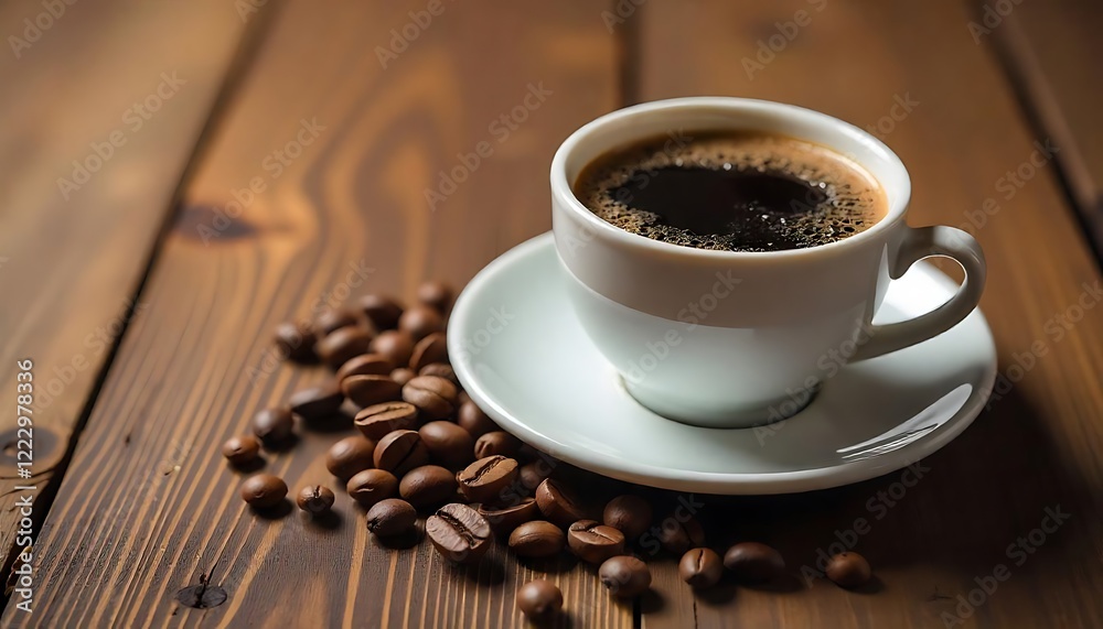 A cup of black coffee and coffee beans resting on a wooden surface gives an amazing experience of calmness A cup of black coffee and coffee beans resting on a wooden surface gives an amazing experience of calmness