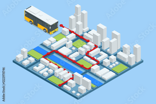 A vibrant isometric map showing a bus route winding through a modern cityscape with buildings and rivers, ideal for route planning