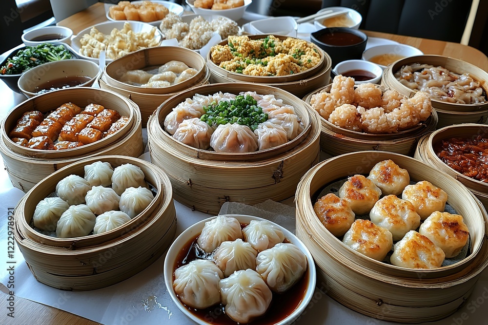 A delightful spread of various steamed and pan-fried dim sum dishes showcasing a variety of fillings and textures A delightful spread of various steamed and pan-fried dim sum dishes showcasing a variety of fillings and textures