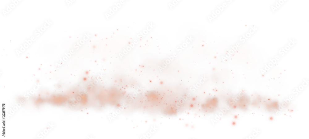 Subtle peach mist and tiny glowing particles scattered on a white background, creating a soft and airy ambiance.